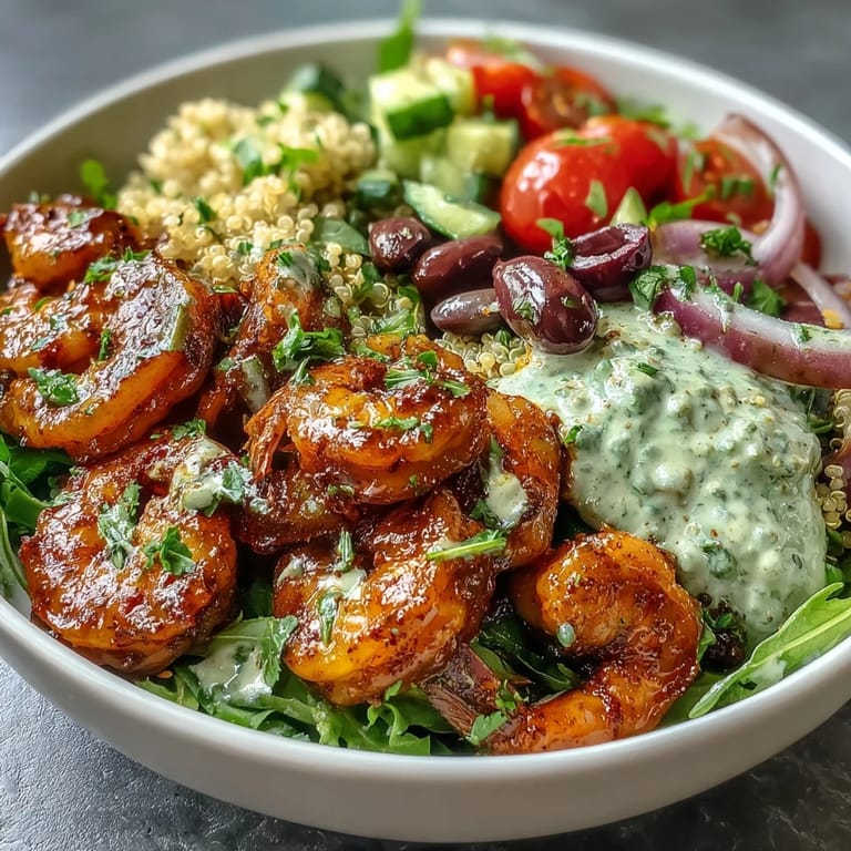 Overhead shot of a vibrant Mediterranean Shrimp Bowl with colorful cherry tomatoes, cucumber, olives, and red onion, garnished with fresh parsley and lemon wedges.
