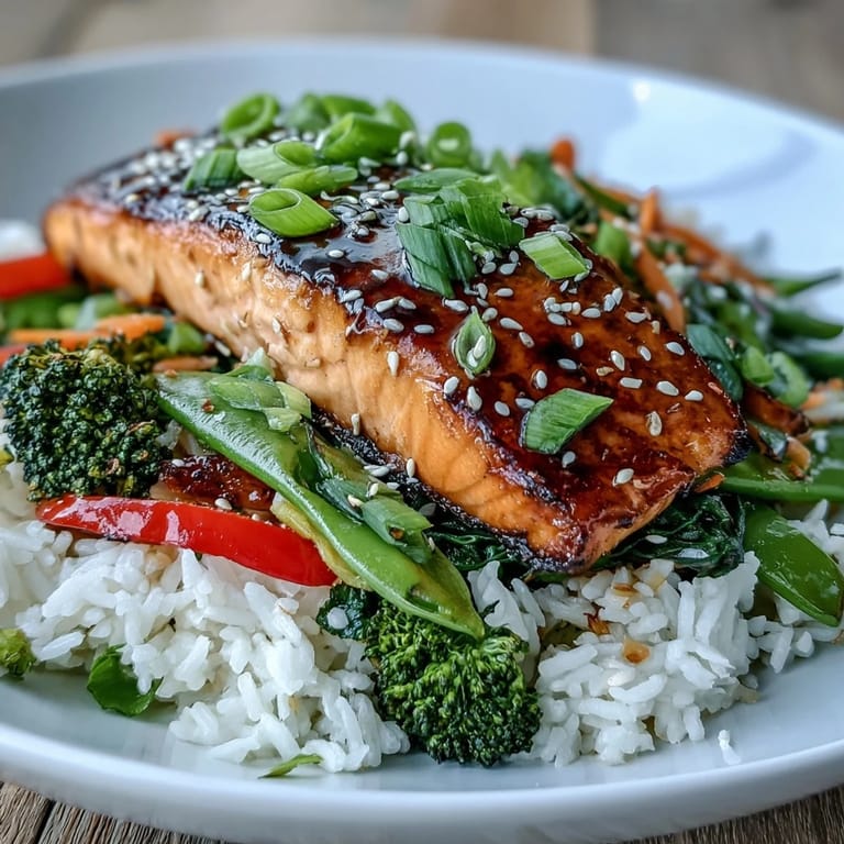 A close-up shows a Teriyaki Salmon Bowl garnished with sesame seeds and green onions, ready to serve.