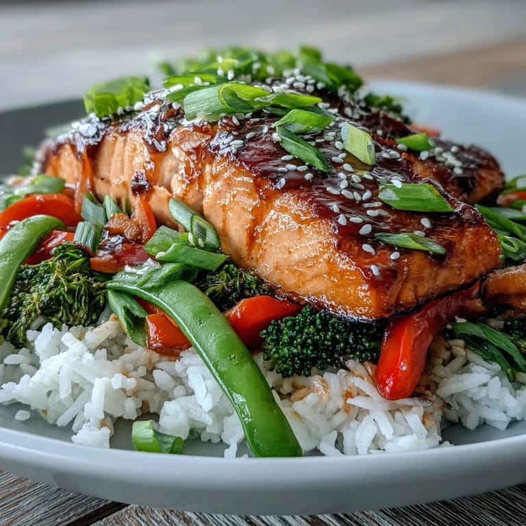Steamed rice and colorful stir-fried vegetables support the glazed salmon fillet in this Teriyaki Salmon Bowl.