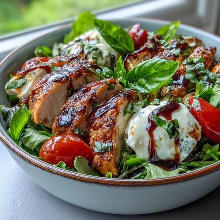 Serving suggestion for a Caprese Chicken Bowl, garnished with fresh basil and a fork ready to enjoy.