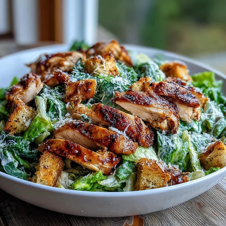 Sliced grilled chicken crowns a vibrant Caesar Chicken Bowl with parmesan, croutons, and extra creamy dressing on the side.