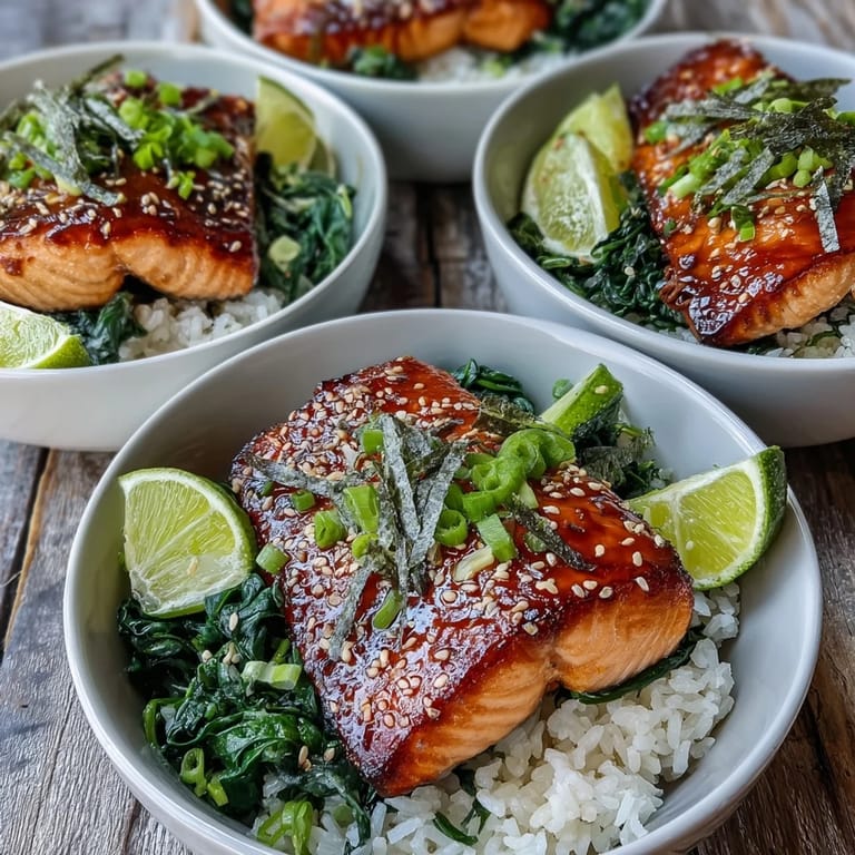 A vibrant Miso Glazed Salmon Bowl featuring tender glazed fillets over jasmine rice and sautéed spinach, perfect for a healthy dinner.