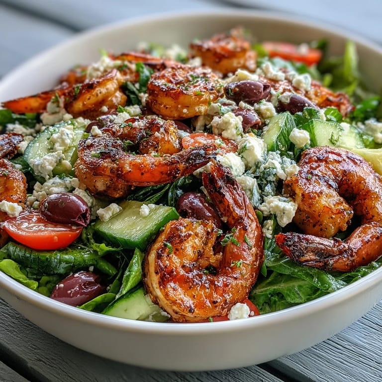 Plated Greek Shrimp Bowl featuring charred shrimp, crisp vegetables, and a drizzle of olive oil dressing.