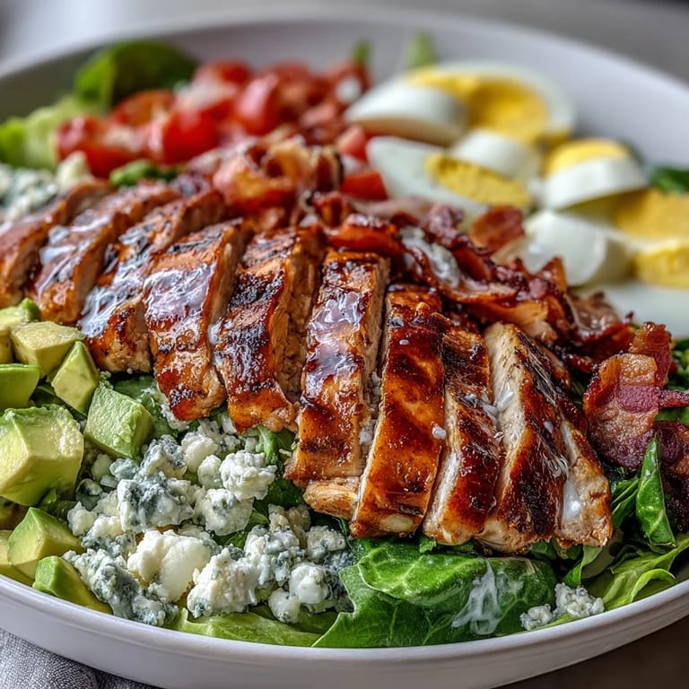 A vibrant Cobb Salad Bowl with juicy chicken, smoky bacon, ripe tomatoes, and ranch dressing ready for a family dinner.