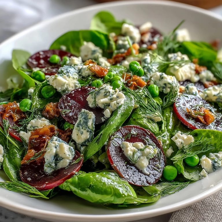 Zesty lemon vinaigrette drizzled over spring salad with radishes and peas, showcasing fresh greens, crunchy vegetables, and bright seasonal flavors.