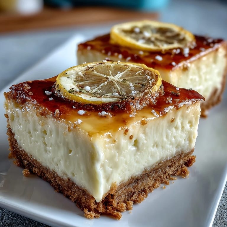 Refreshing lemon cheesecake bars infused with limoncello liqueur, baked over a golden graham cracker base for a zesty treat.