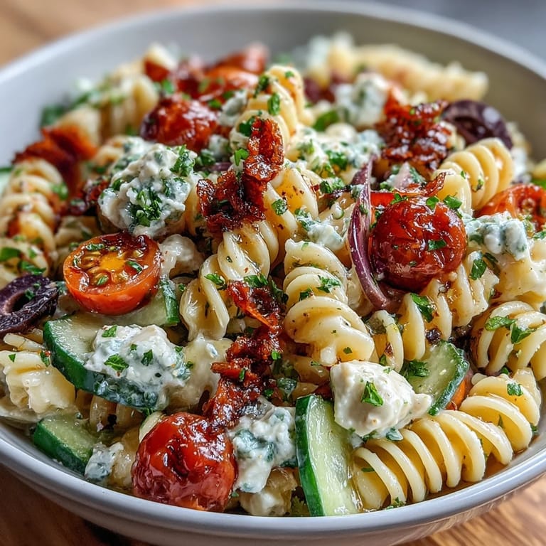 Refreshing pasta salad tossed with crisp vegetables and zesty Italian dressing, ideal for outdoor parties and easy meals.