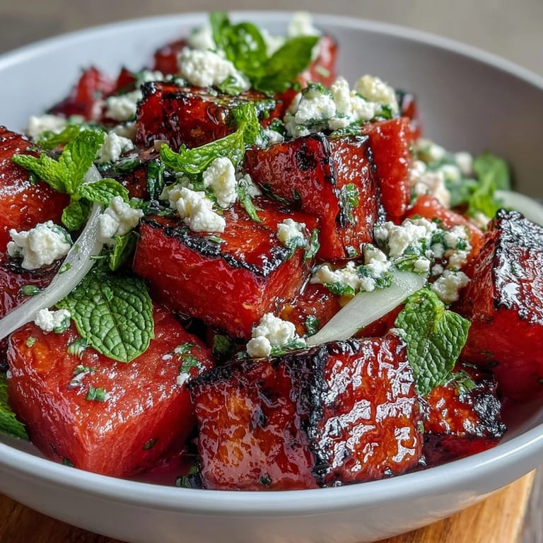 Vibrant grilled watermelon and feta salad, featuring caramelized fruit, tangy cheese, and bright mint leaves.
