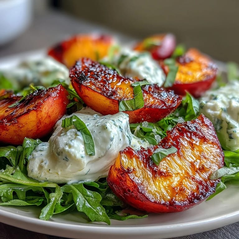 Sweet, caramelized grilled peaches paired with burrata cheese and honey, creating a refreshing and elegant salad.