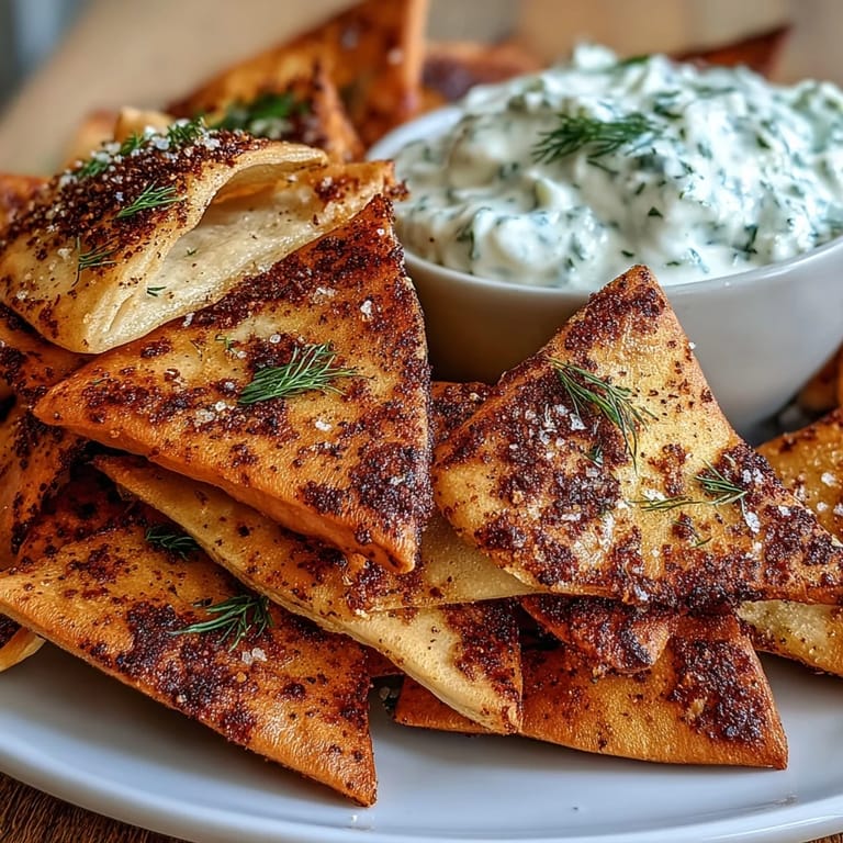 Freshly baked pita chips served alongside tangy, herb-infused tzatziki for a light appetizer.