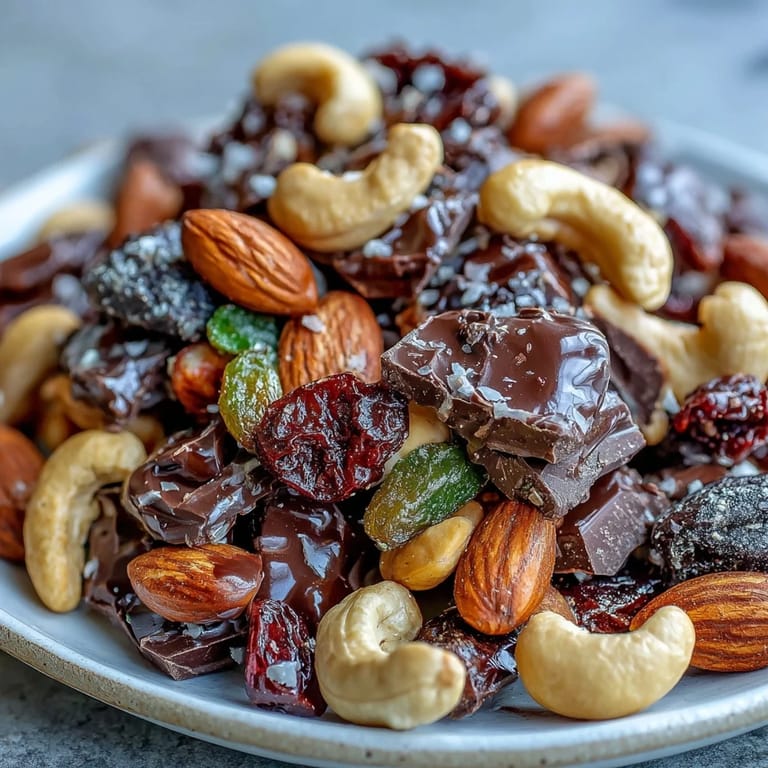 Wholesome homemade trail mix with dark chocolate, combining roasted nuts, chewy dried fruits, and rich cocoa chunks for energy on the go.