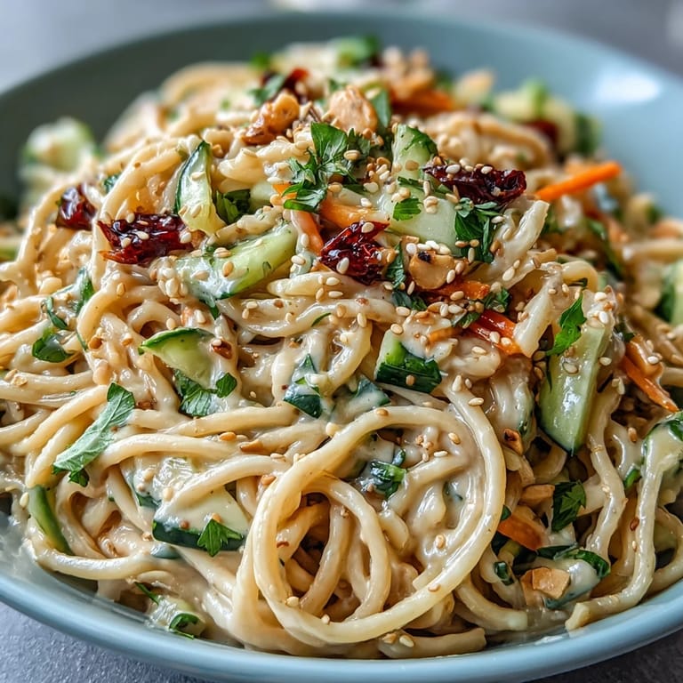 Refreshing cold sesame noodle bowl topped with cucumber, sesame seeds, and chili for a zesty summer meal.