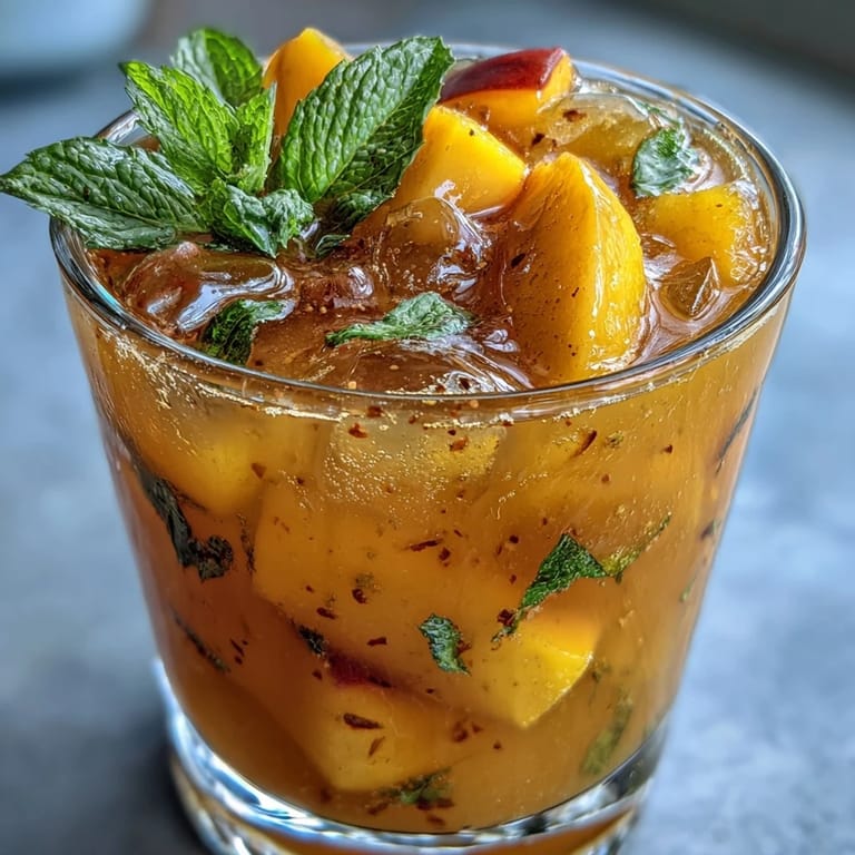 Refreshing mango peach sparkling tea served over ice with a garnish of mint and sliced fruit, ideal for warm days.