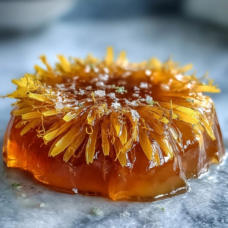 Sunlight filters through a glass jar of homemade dandelion jelly, showcasing its delicate, honey-like hue and floral essence.