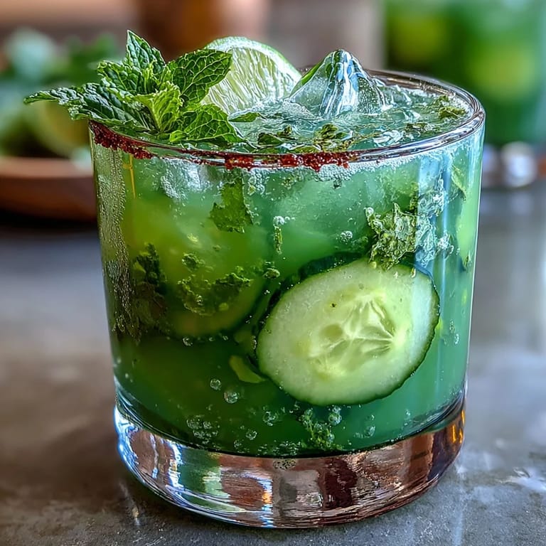 Bright Green Detox Cucumber Mint Agua Fresca, garnished with lime and cucumber slices.