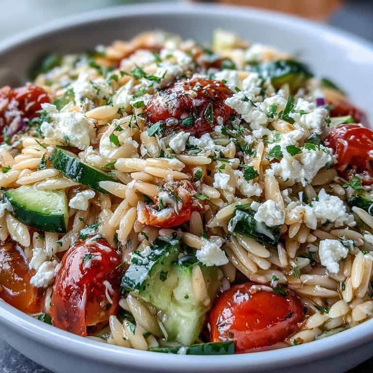 Chilled orzo salad featuring crisp cucumber, salty feta, and vibrant lemon dressing.