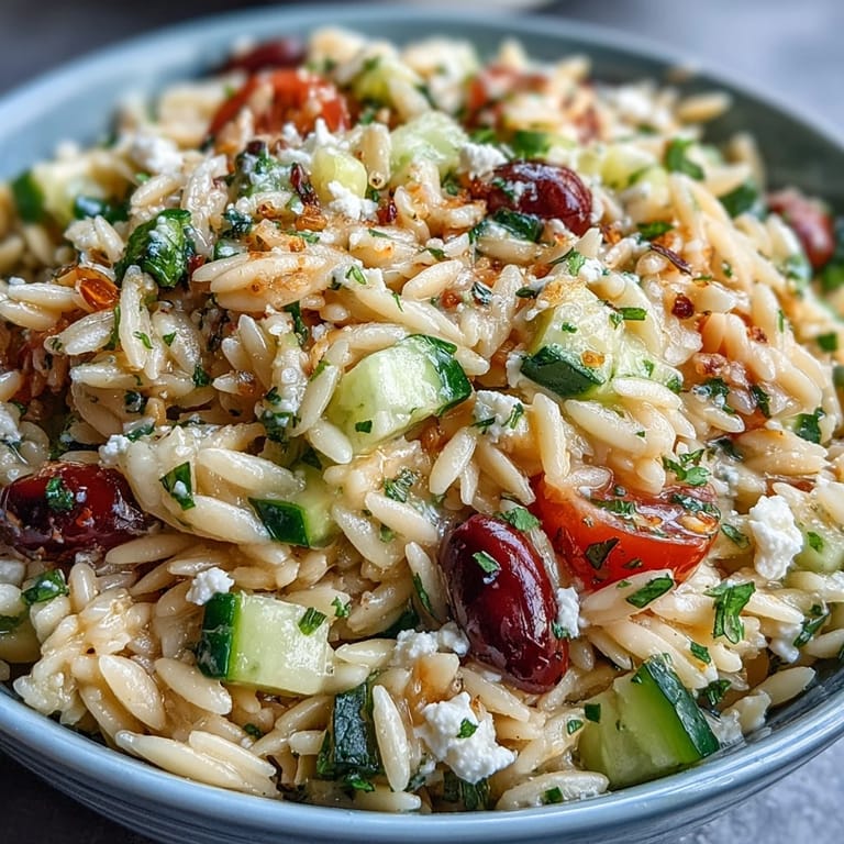 Mediterranean orzo salad with fresh herbs and crumbled feta, a refreshing side dish.
