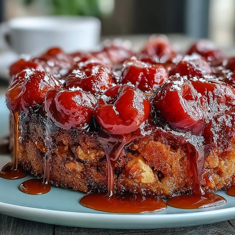 This moist Cherry Almond Upside-Down Cake displays plump cherries and golden caramel topping beautifully.