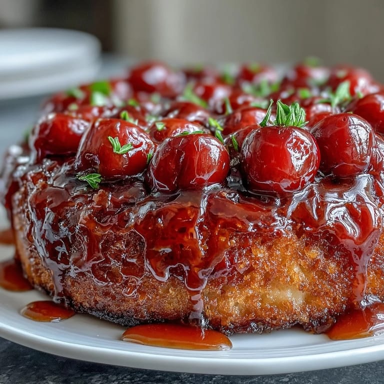 Savory Cherry Almond Upside-Down Cake awaits, showcasing a perfect balance of fruit and nutty sweetness.