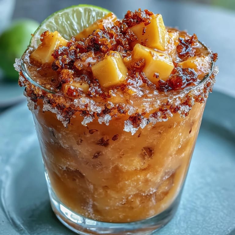A refreshing frozen chamoyada featuring layered mango, lime, and chili rim.