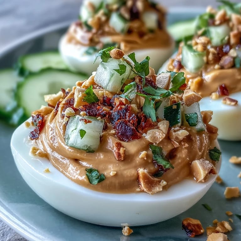 Platter of Thai Peanut Deviled Eggs, glistening with relish and crushed peanuts.