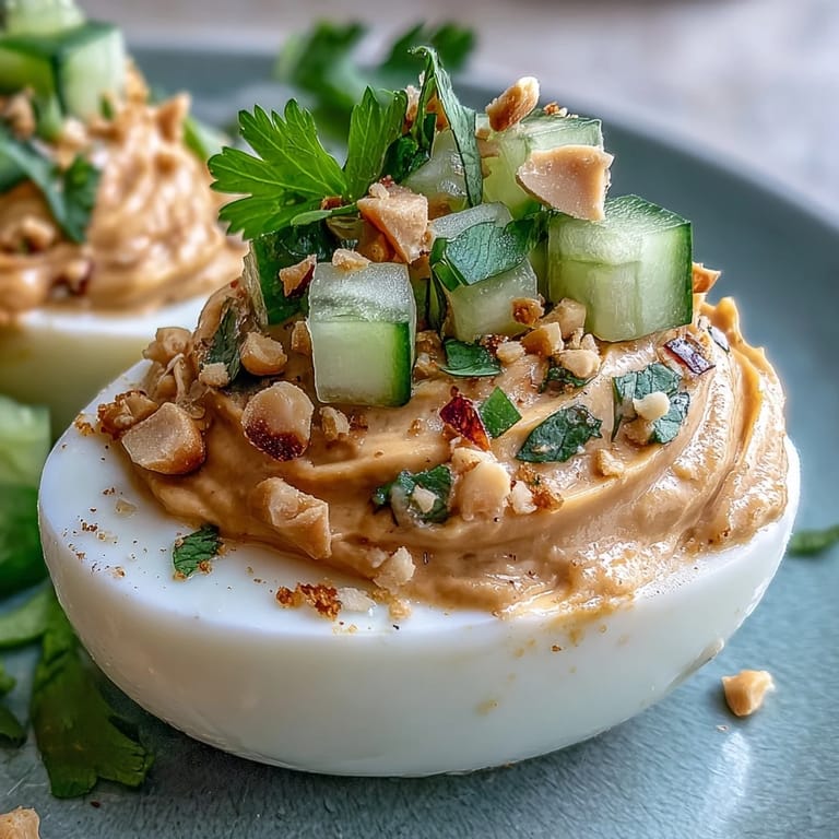 Delicious Thai Peanut Deviled Eggs appetizer, ready for serving and enjoying chilled.