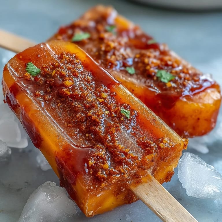 Closeup of Fricy Mango Chamoy Popsicles with Tajin swirled, ready to enjoy.