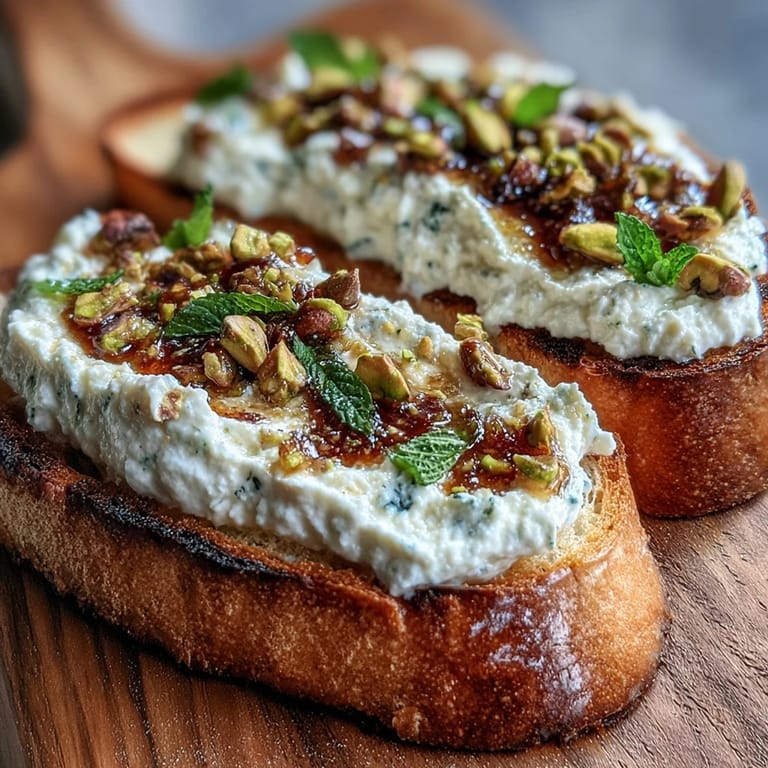 Whipped ricotta toast with honey and pistachios, drizzled generously and perfectly golden.
