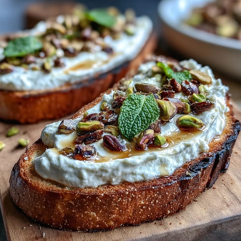 Gourmet whipped ricotta toast with honey and pistachios, showcasing fresh ingredients beautifully.