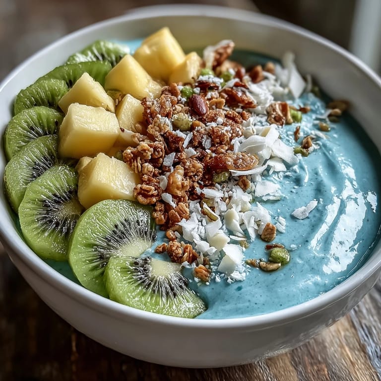 Refreshing U.S. blue spirulina smoothie bowl with colorful fruit, ready to enjoy.
