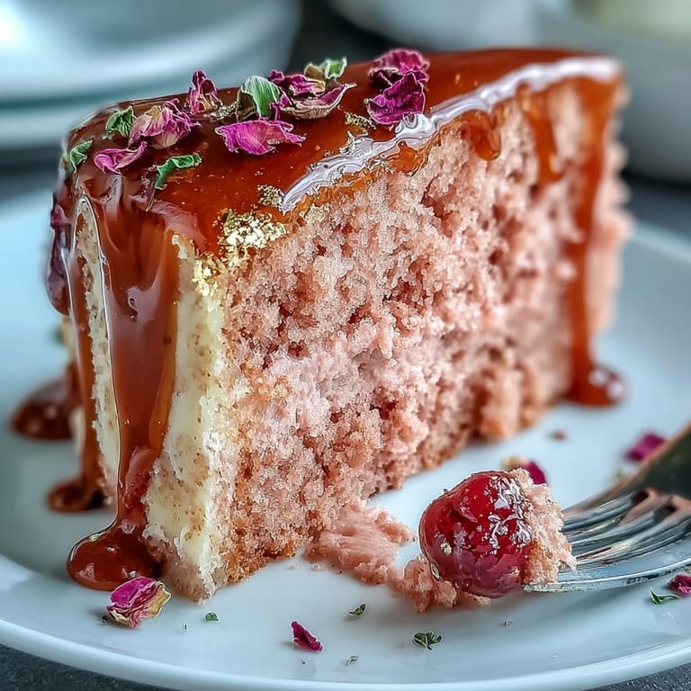 Decadent Bridal Shower Rosé Velvet Cake with beautiful flowing gold drizzle.