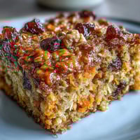 Golden-brown Carrot Cake Baked Oatmeal cooling on a rustic plate, ready for a wholesome breakfast.  