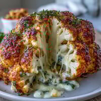 A whole roasted Cheesy Stuffed Cauliflower Head, golden brown and bubbling with creamy cheese filling, served as a vegetarian main dish.