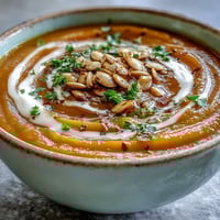 A bowl of creamy Butternut Squash and Apple Soup garnished with thyme and toasted pumpkin seeds.