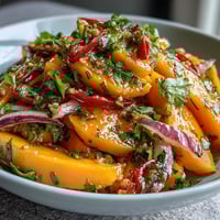 Bright strips of ripe mango, red bell pepper, and crisp cucumber are tossed with red onion and cilantro in a glossy lime-honey dressing.