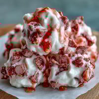 These frozen Strawberry & Banana Yoghurt Clusters feature creamy Greek yogurt swirled with strawberry, studded with crisp fruit chips, and served frosty on a baking sheet.