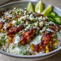 Bright citrus-marinated chicken thighs and fluffy rice are topped with smoky charred corn, zesty crema, and crumbled cotija cheese in a hearty Street Corn Chicken and Rice Bowl. 