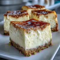 Creamy limoncello cheesecake bars with buttery graham cracker crust, dusted with powdered sugar for a bright summer dessert.