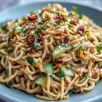 Cold sesame noodle bowl with cucumber, vibrant veggies, and creamy sesame sauce in a chilled, refreshing dish.  