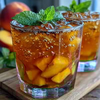A vibrant glass of mango peach sparkling tea with fresh mint and fruit slices, perfect for summer refreshment.