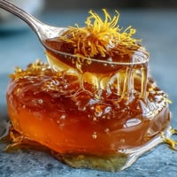 A jar of golden dandelion jelly with a spoon, perfect for spreading on warm toast or scones.