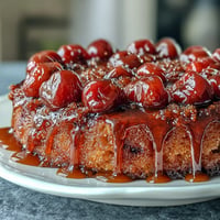 A glistening Cherry Almond Upside-Down Cake crowned with rich caramelized cherries.