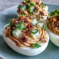 Thai Peanut Deviled Eggs recipe featuring creamy filling and vibrant cucumber relish topping.