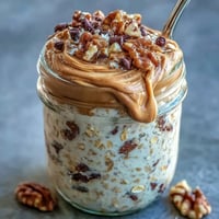 Creamy Protein Cookie Dough Overnight Oats topped with chocolate chips.