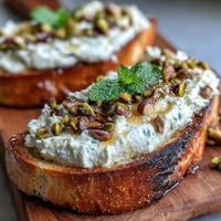 Creamy whipped ricotta toast with honey and pistachios, a delightful Mediterranean breakfast.